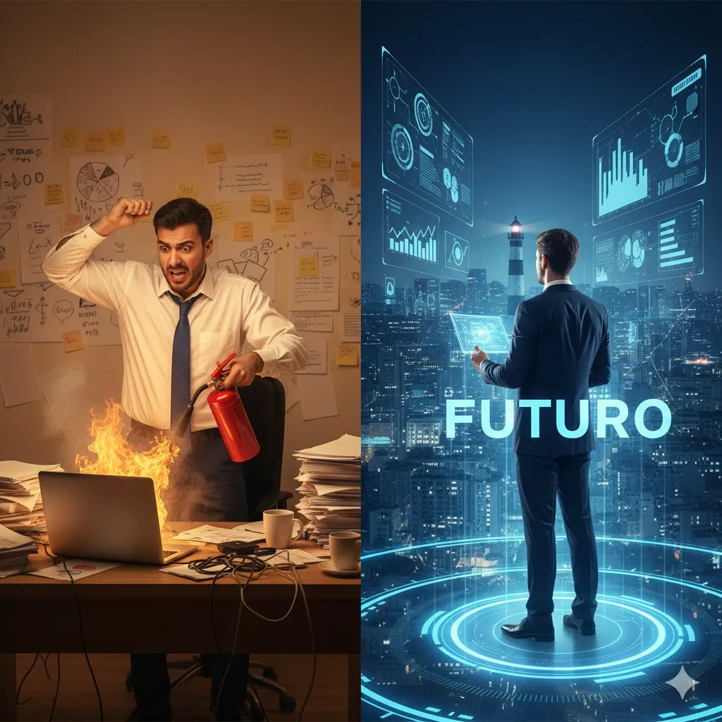 Imagem conceitual mostrando a diferença entre gestão operacional e administração estratégica.