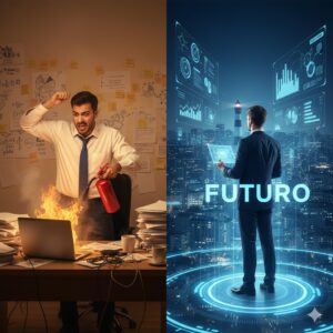 Imagem conceitual mostrando a diferença entre gestão operacional e administração estratégica.