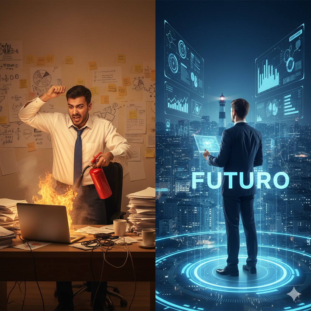 Imagem conceitual mostrando a diferença entre gestão operacional e administração estratégica.